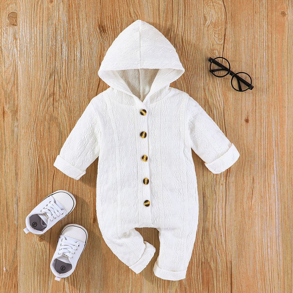 Baby Boy/Girl Button Front Solid Textured Hooded Long-sleeve Jumpsuit White
