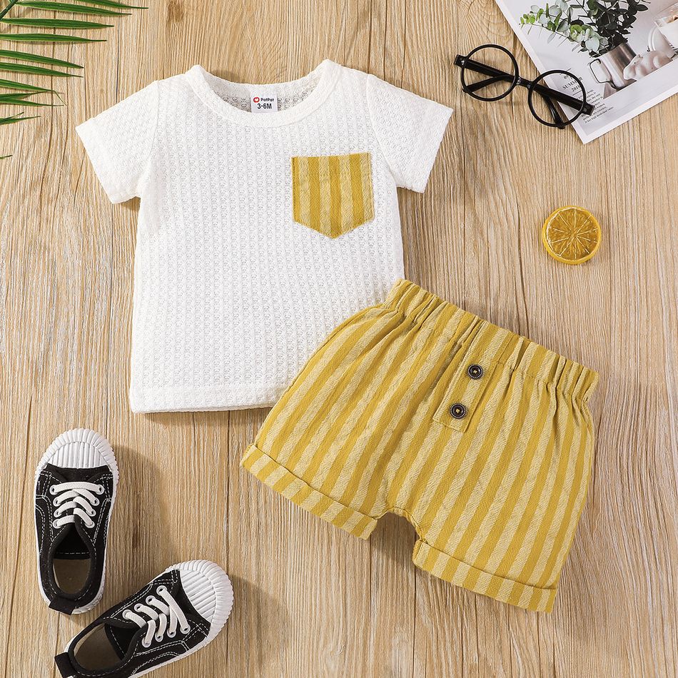 2pcs Baby Boy/Girl Waffle Short-sleeve T-shirt and Striped Shorts Set Ginger