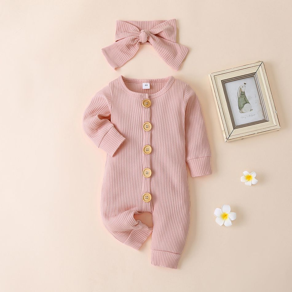 Ribbed 2pcs Solid Long-sleeve Baby Jumpsuit Pink
