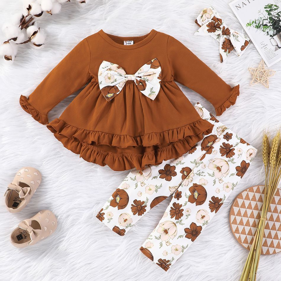 3pcs Baby Girl 95% Cotton Long-sleeve Bow Front Ruffle Hem Top and Allover Floral Print Pants with Headband Set Khaki