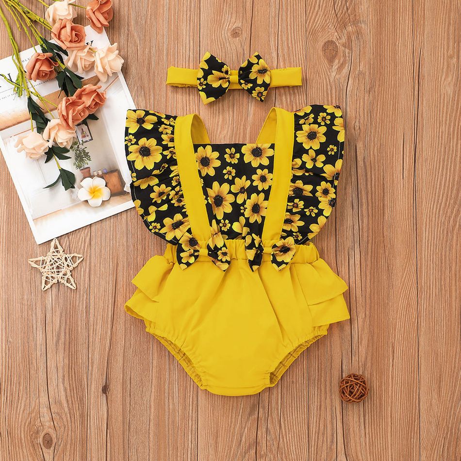 2pcs Baby Girl Sunflower Floral Print Splice Yellow Layered Sleeveless Ruffle Romper with Headband Set Yellow big image 2