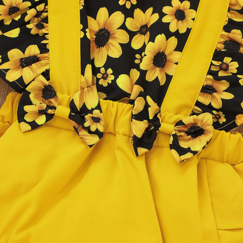 2pcs Baby Girl Sunflower Floral Print Splice Yellow Layered Sleeveless Ruffle Romper with Headband Set Yellow big image 4