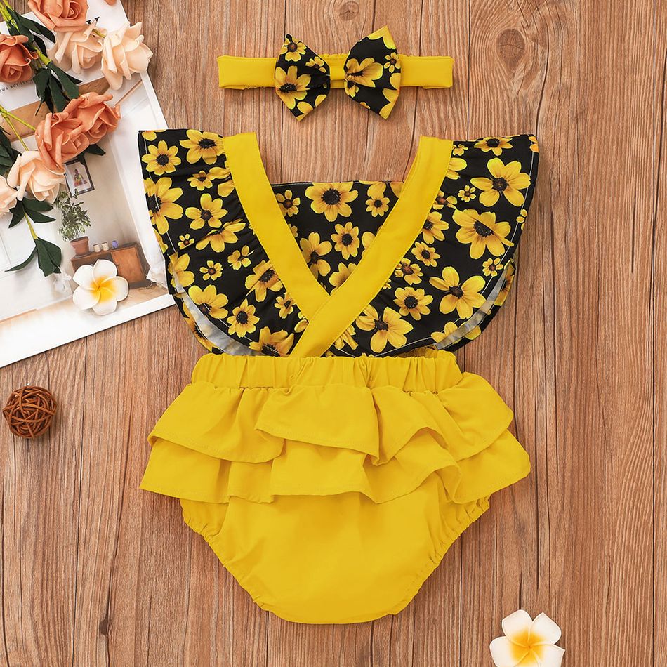 2pcs Baby Girl Sunflower Floral Print Splice Yellow Layered Sleeveless Ruffle Romper with Headband Set Yellow big image 7