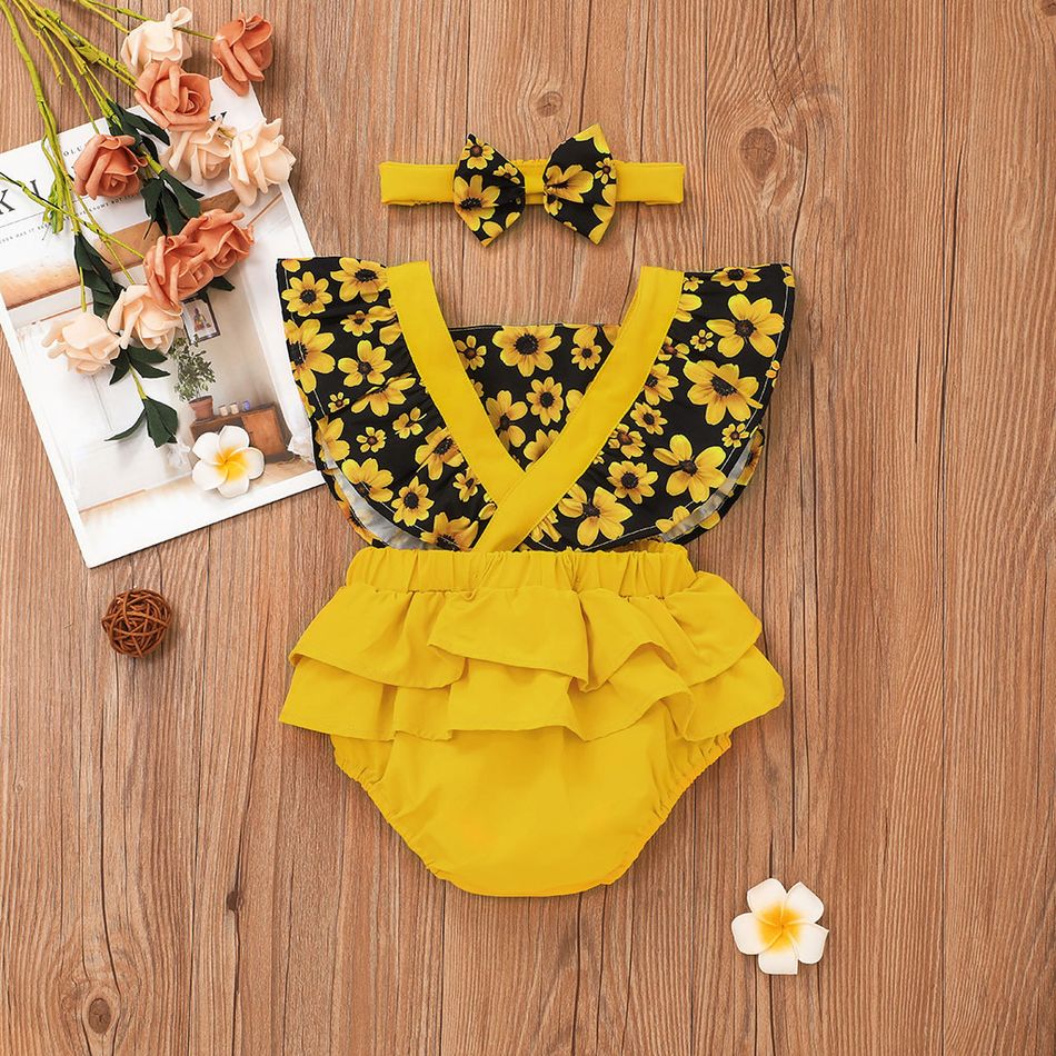 2pcs Baby Girl Sunflower Floral Print Splice Yellow Layered Sleeveless Ruffle Romper with Headband Set Yellow big image 8