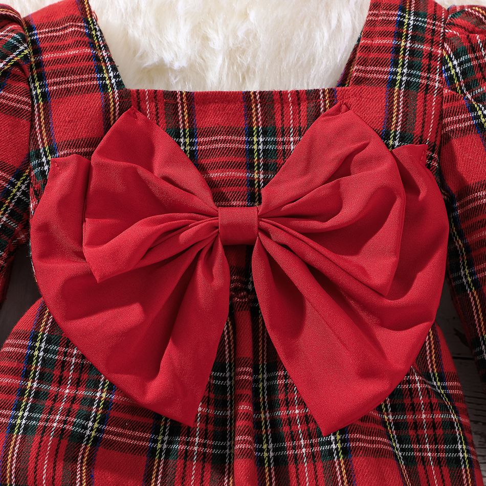 Christmas 2pcs Baby Girl Bow Front Red Plaid Square Neck Long-sleeve Jumpsuit with Headband Set Red big image 5