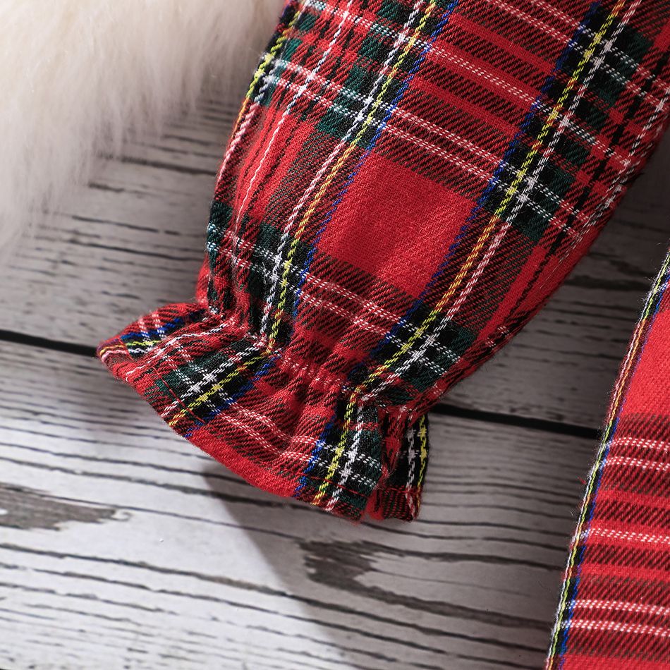 Christmas 2pcs Baby Girl Bow Front Red Plaid Square Neck Long-sleeve Jumpsuit with Headband Set Red big image 6