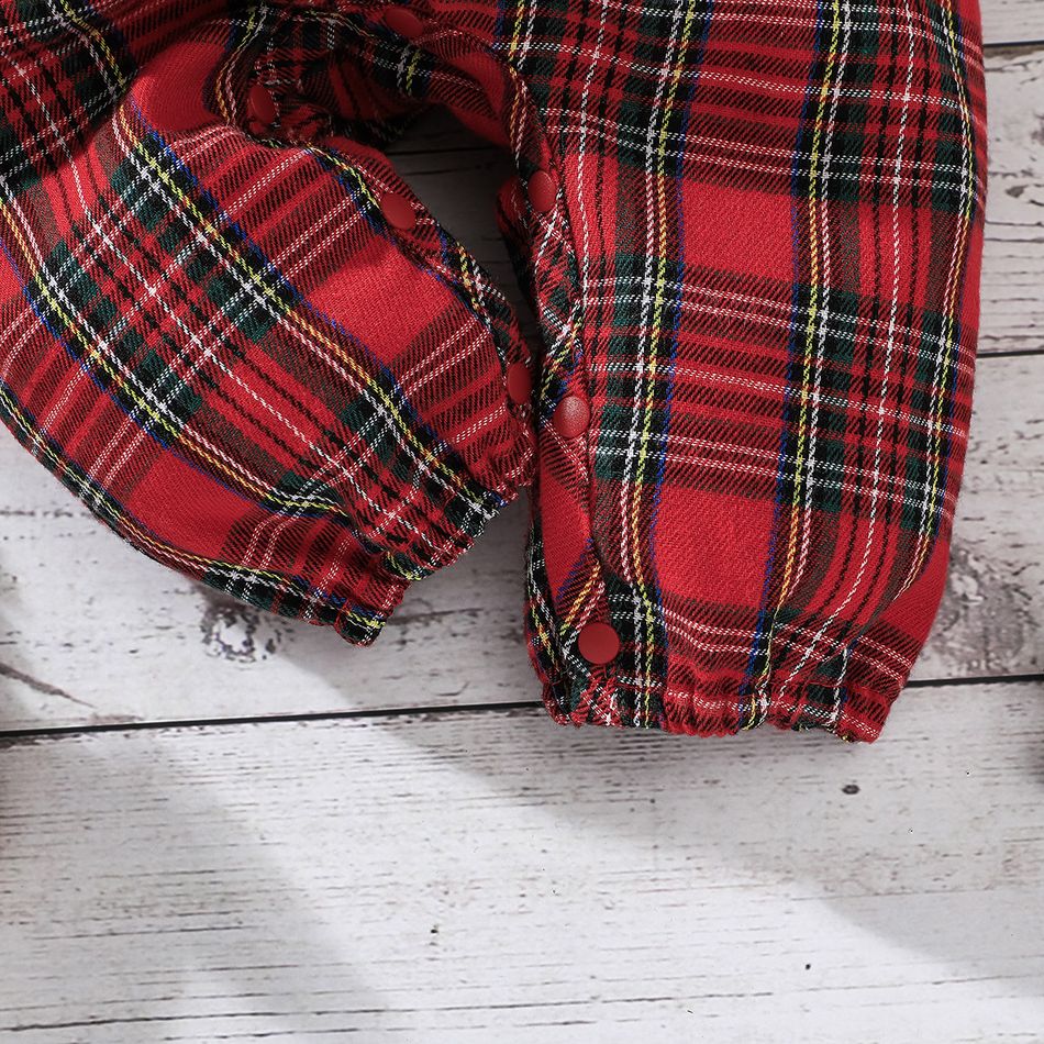 Christmas 2pcs Baby Girl Bow Front Red Plaid Square Neck Long-sleeve Jumpsuit with Headband Set Red big image 7