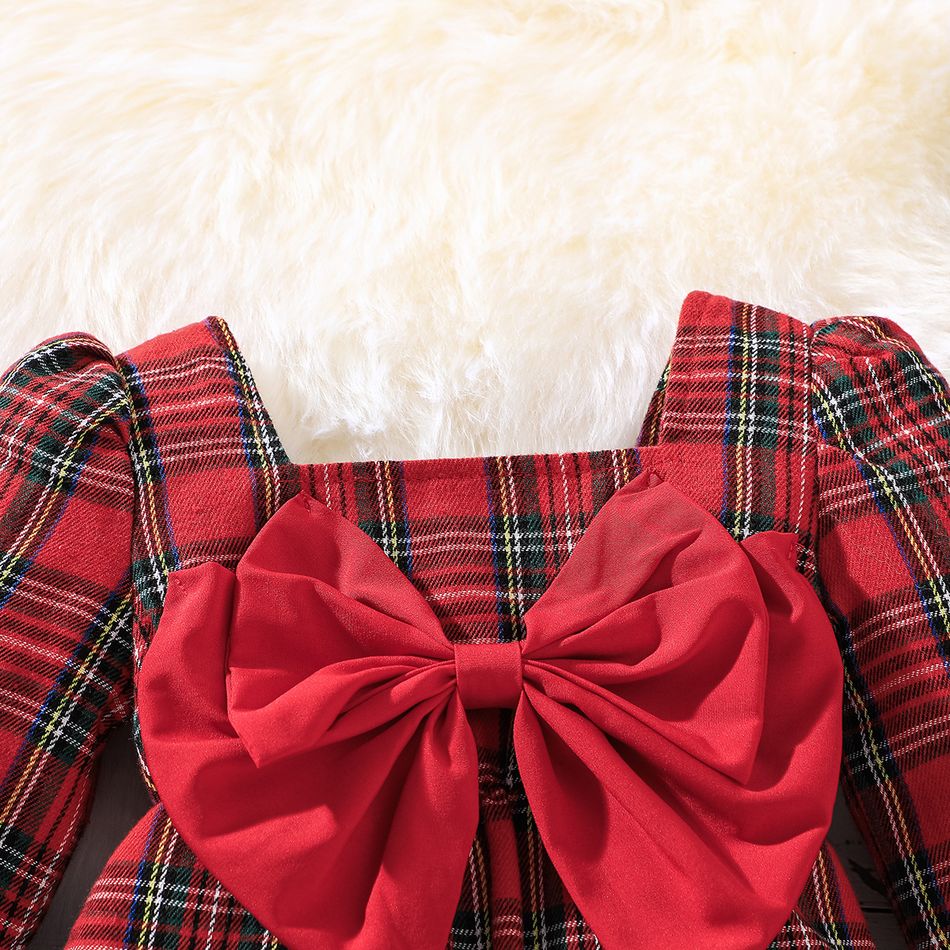 Christmas 2pcs Baby Girl Bow Front Red Plaid Square Neck Long-sleeve Jumpsuit with Headband Set Red big image 4