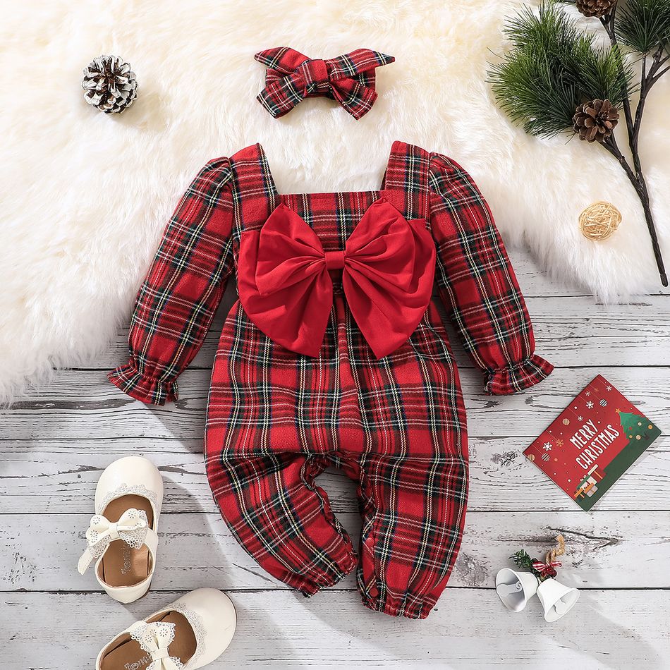 2pcs Baby Girl Bow Front Red Plaid Square Neck Long-sleeve Jumpsuit with Headband Set Red big image 1