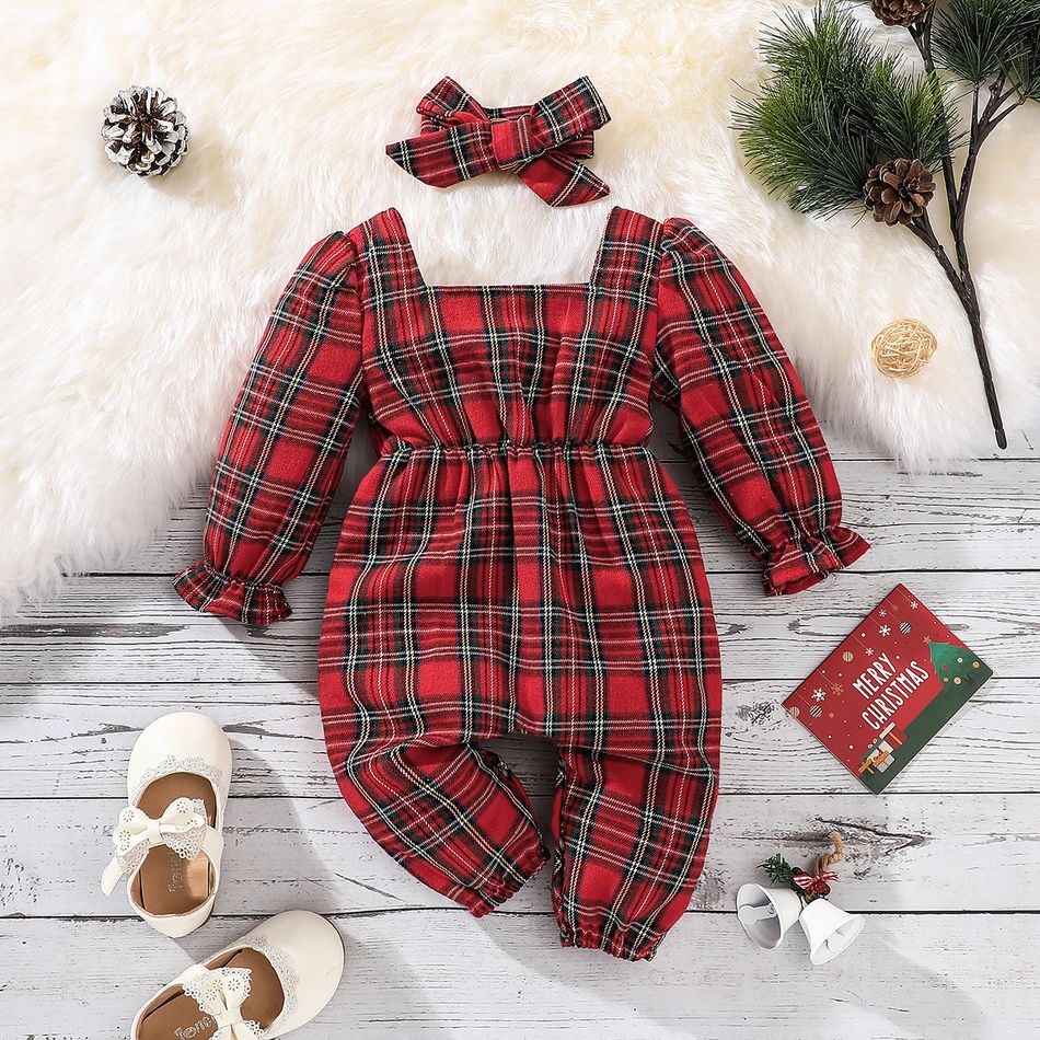 Christmas 2pcs Baby Girl Bow Front Red Plaid Square Neck Long-sleeve Jumpsuit with Headband Set Red big image 2