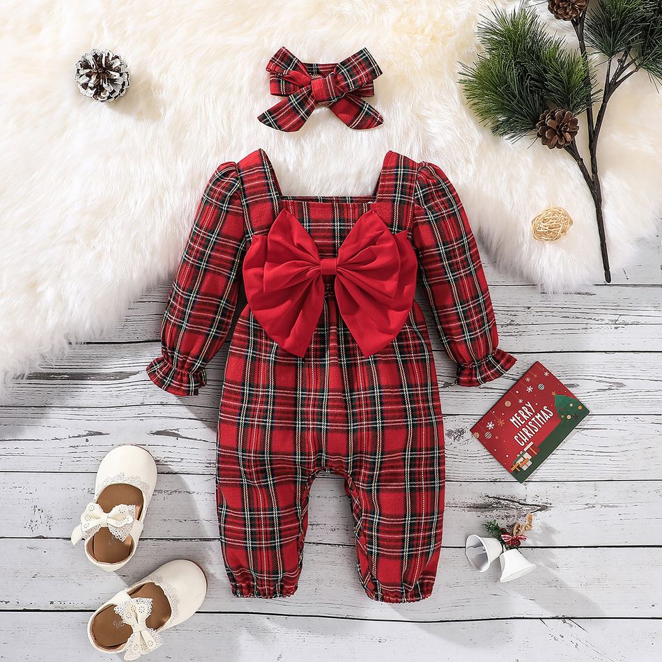 Christmas 2pcs Baby Girl Bow Front Red Plaid Square Neck Long-sleeve Jumpsuit with Headband Set Red big image 3