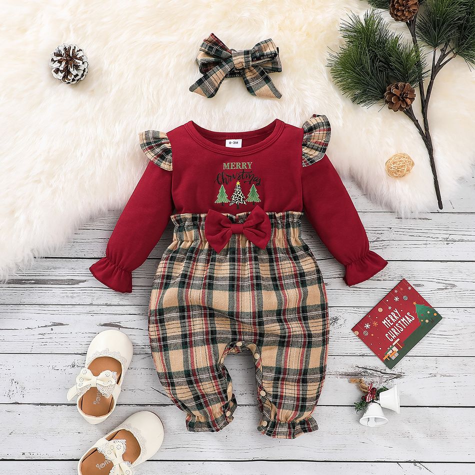 Christmas 2pcs Baby Girl 95% Cotton Ruffle Long-sleeve Xmas Tree & Letter Print Spliced Plaid Jumpsuit with Headband Set Red