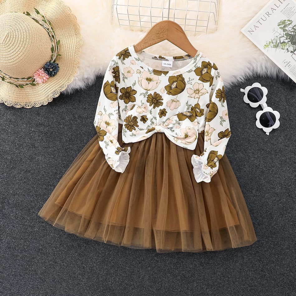 Toddler Girl Sweet Floral Print Mesh Splice Bowknot Design Long-sleeve Dress Brown big image 2