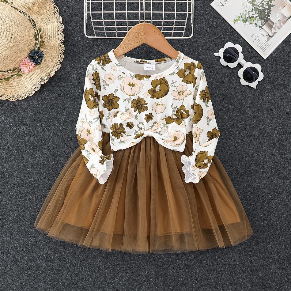 Toddler Girl Sweet Floral Print Mesh Splice Bowknot Design Long-sleeve Dress Brown