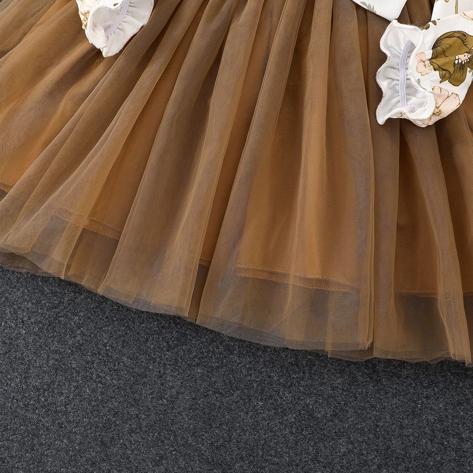 Toddler Girl Sweet Floral Print Mesh Splice Bowknot Design Long-sleeve Dress Brown big image 4