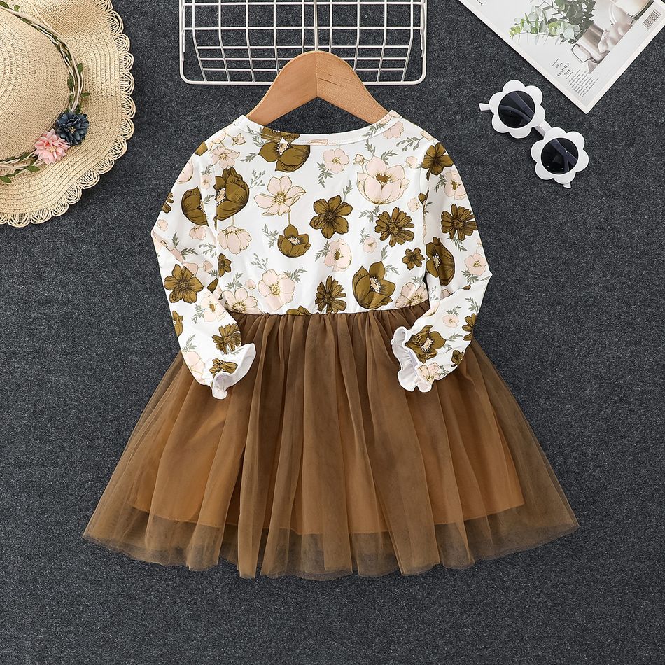 Toddler Girl Sweet Floral Print Mesh Splice Bowknot Design Long-sleeve Dress Brown big image 3