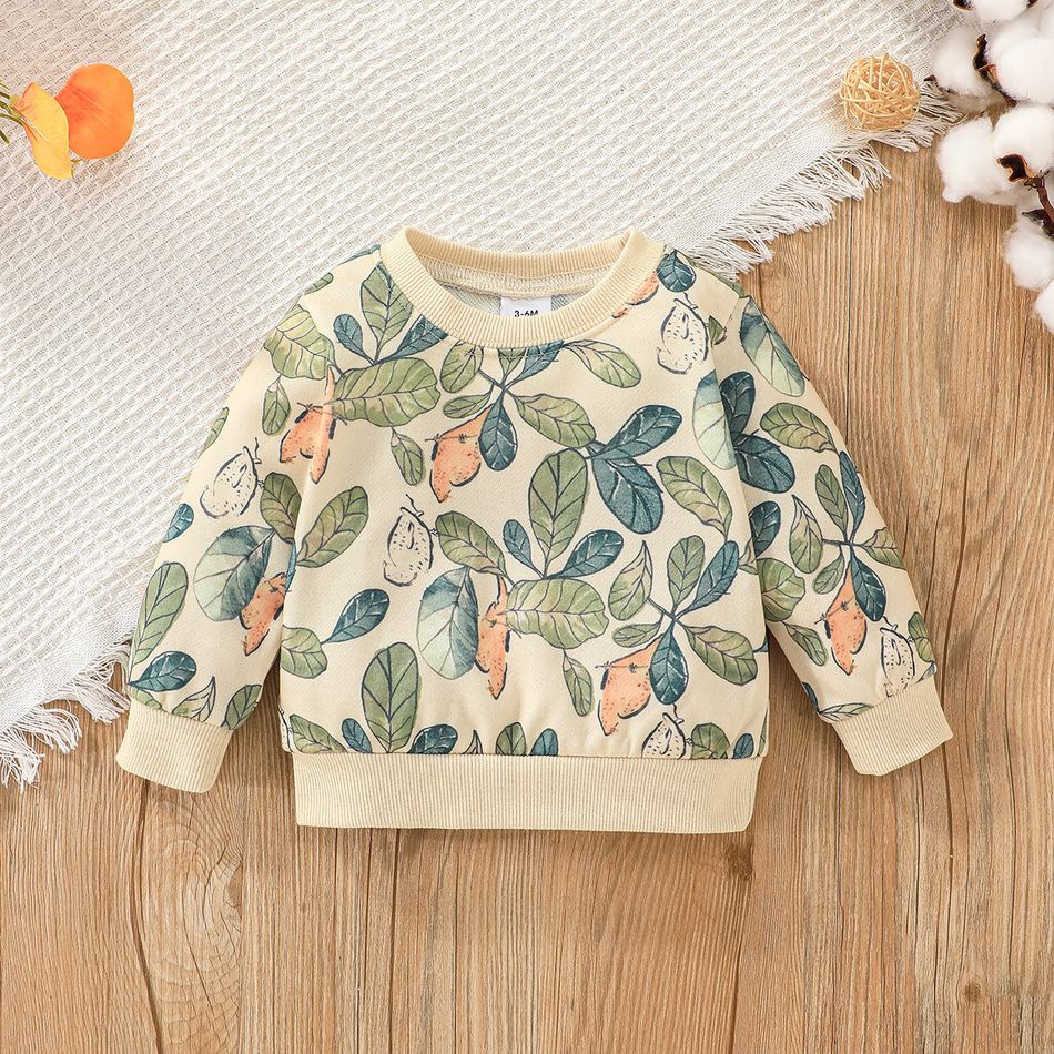 2pcs Baby Girl Allover Leaf Print Long-sleeve Sweatshirt and Sweatpants Set Beige big image 3