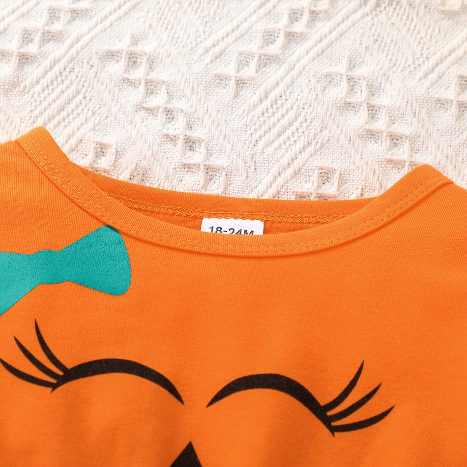 Toddler Girl Halloween Graphic Print Mesh Splice Long-sleeve Dress Orange big image 4