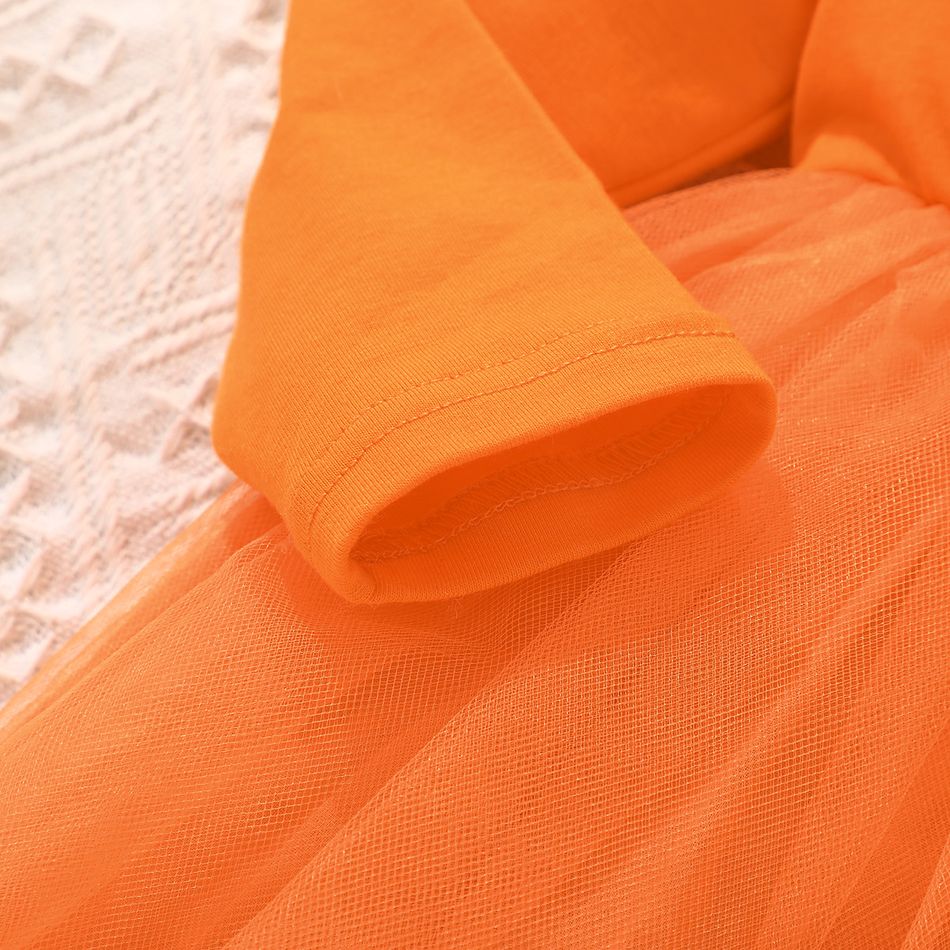 Toddler Girl Halloween Graphic Print Mesh Splice Long-sleeve Dress Orange big image 6