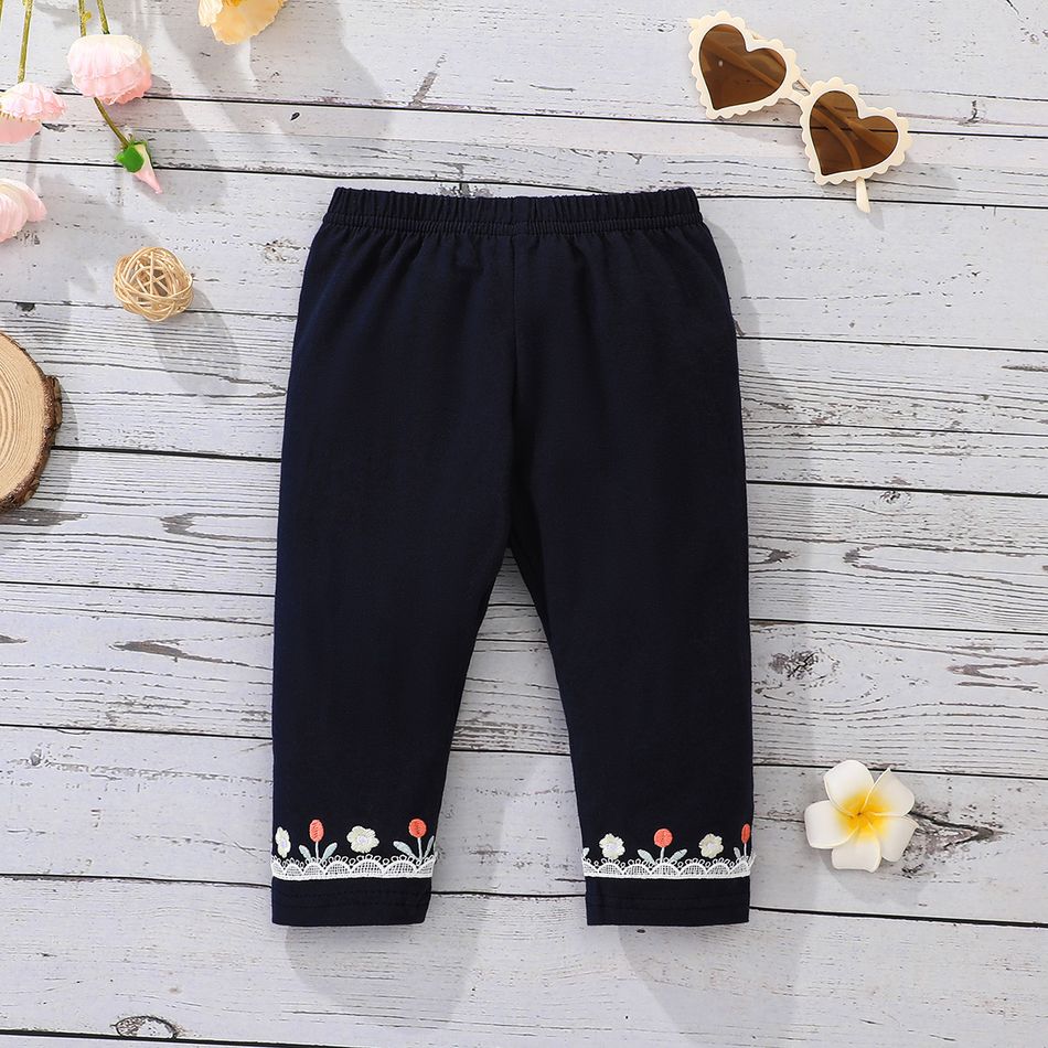 Baby Girl 95% Cotton Lace Detail Floral Embroidered Leggings Pants Navy big image 1
