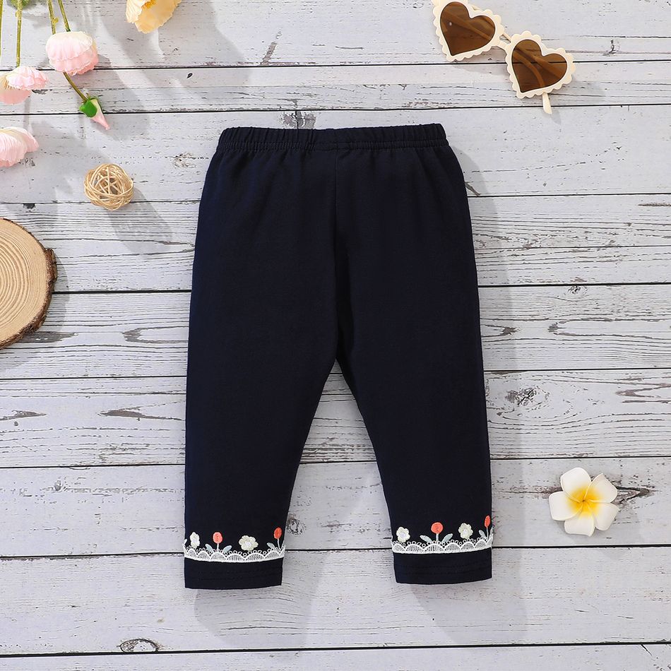 Baby Girl 95% Cotton Lace Detail Floral Embroidered Leggings Pants Navy big image 2