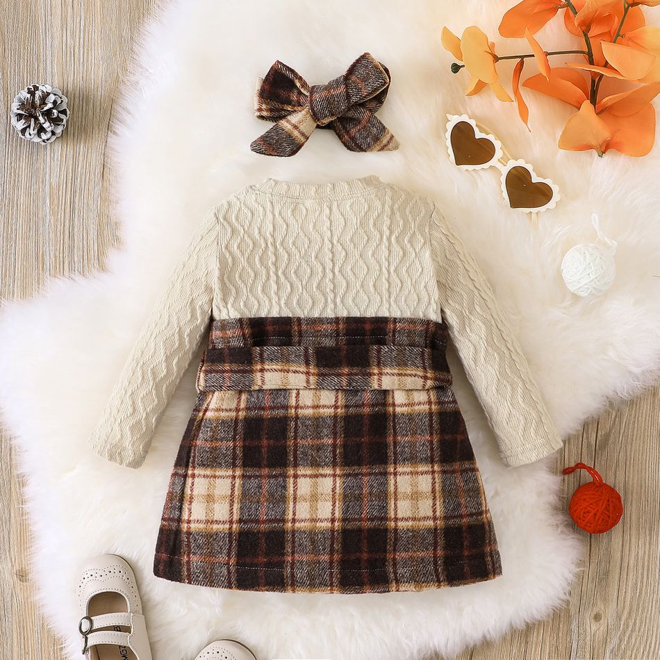 2pcs Baby Girl Cable Knit Spliced Plaid Belted Long-sleeve Dress with Headband Set Beige big image 2