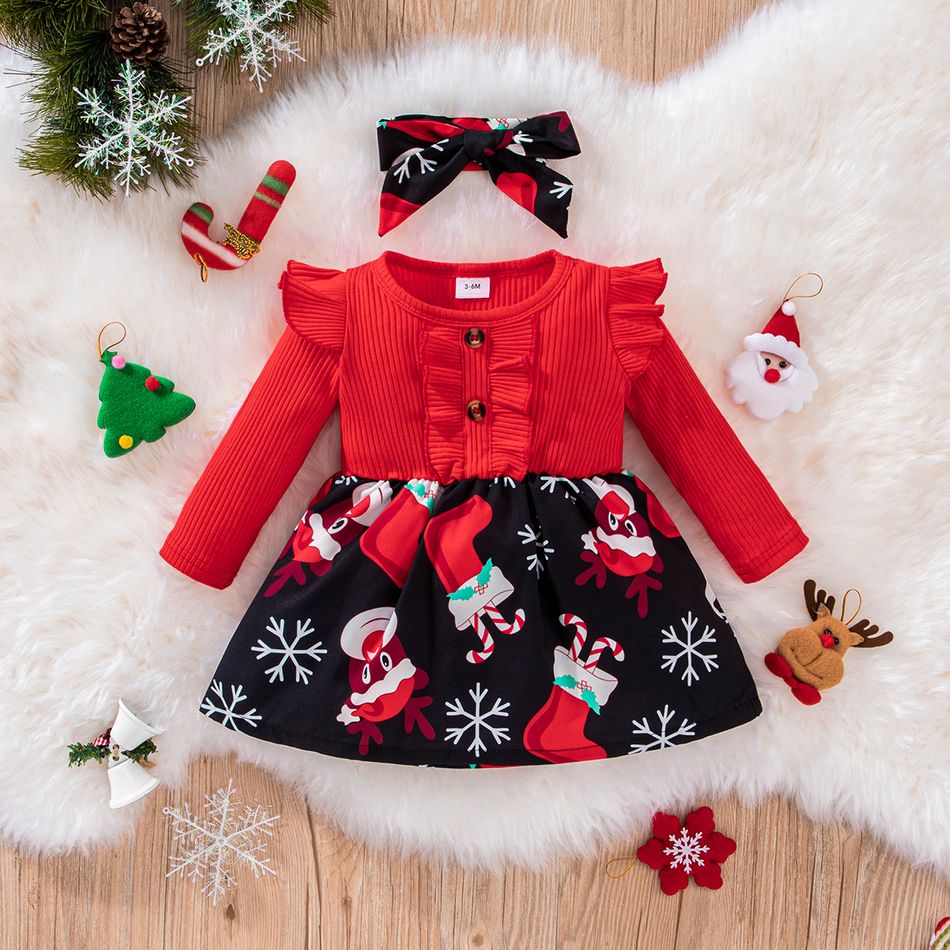 Christmas 2pcs Baby Girl Solid Rib Knit Ruffle Trim Long-sleeve Spliced Allover Print Dress with Headband Set Red big image 1