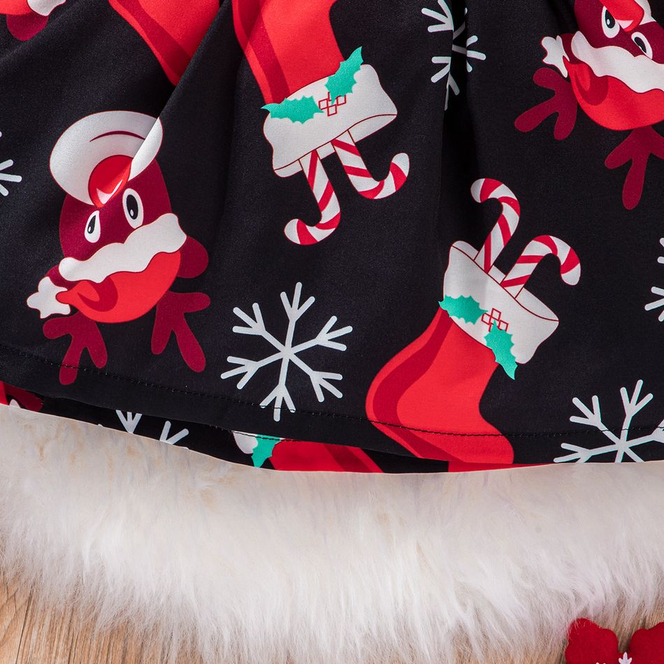 عيد الميلاد 2 قطعة طفلة الصلبة ضلع متماسكة كشكش تقليم طويل الأكمام تقسم كل انحاء فستان مطبوع مع مجموعة عقال أحمر
