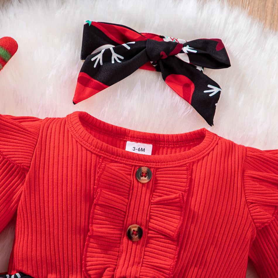 Christmas 2pcs Baby Girl Solid Rib Knit Ruffle Trim Long-sleeve Spliced Allover Print Dress with Headband Set Red big image 4