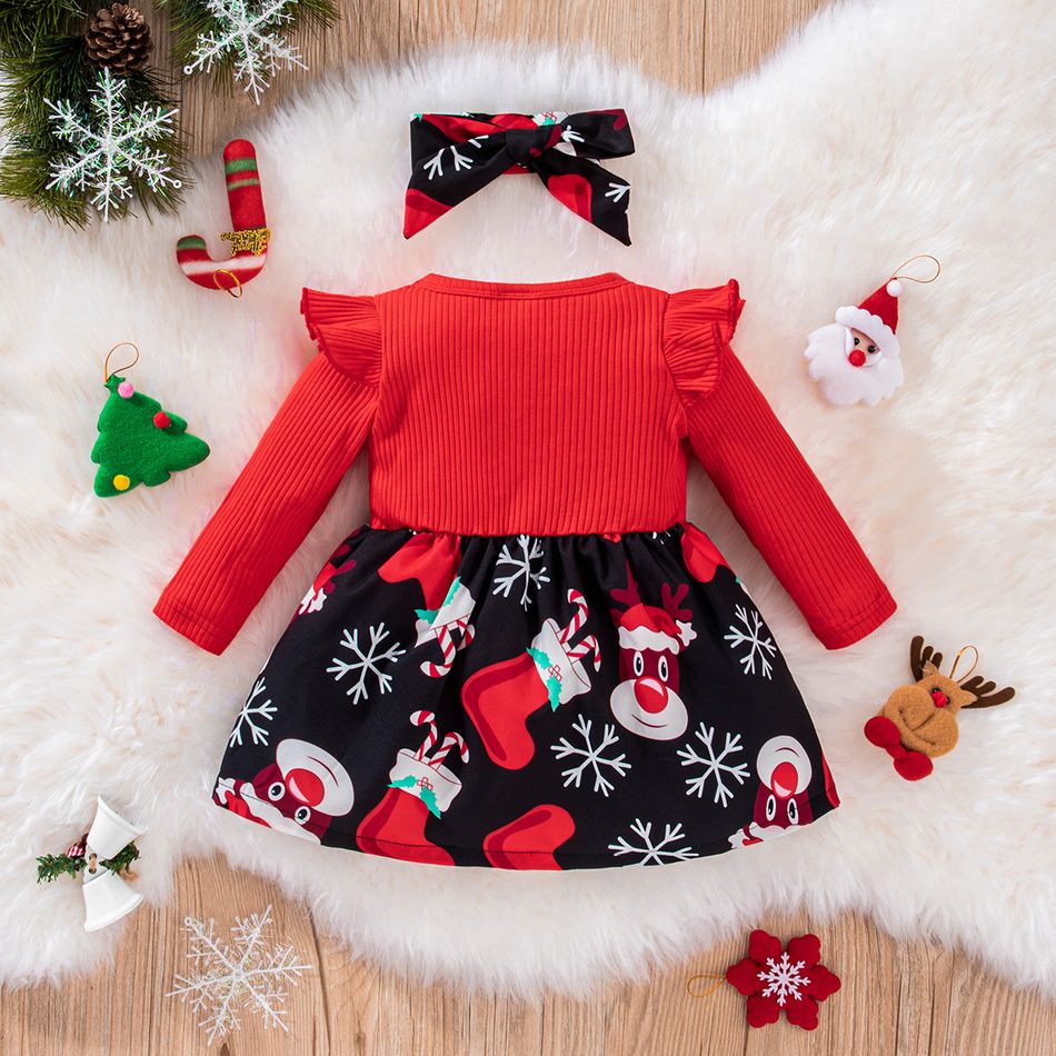 Christmas 2pcs Baby Girl Solid Rib Knit Ruffle Trim Long-sleeve Spliced Allover Print Dress with Headband Set Red big image 2