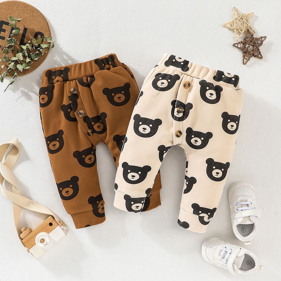 Baby Boy/Girl Allover Bear Print Thickened Thermal Pants Apricot big image 3