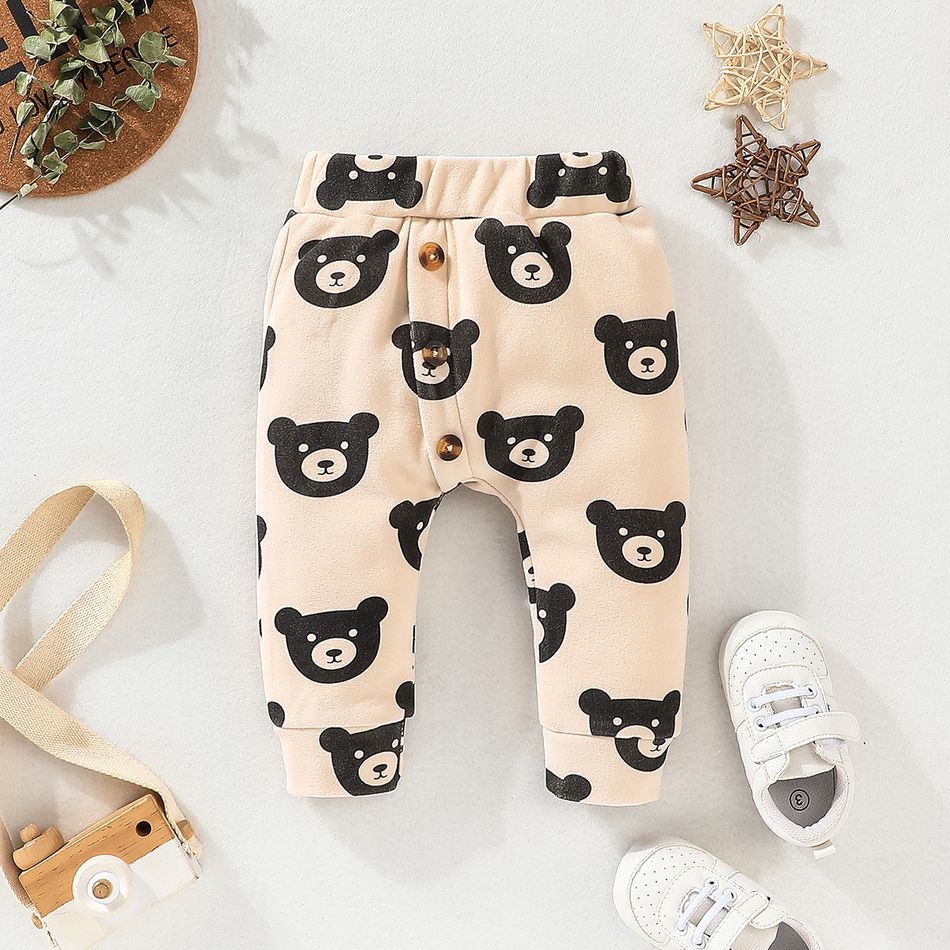 Baby Boy/Girl Allover Bear Print Thickened Thermal Pants Apricot big image 1