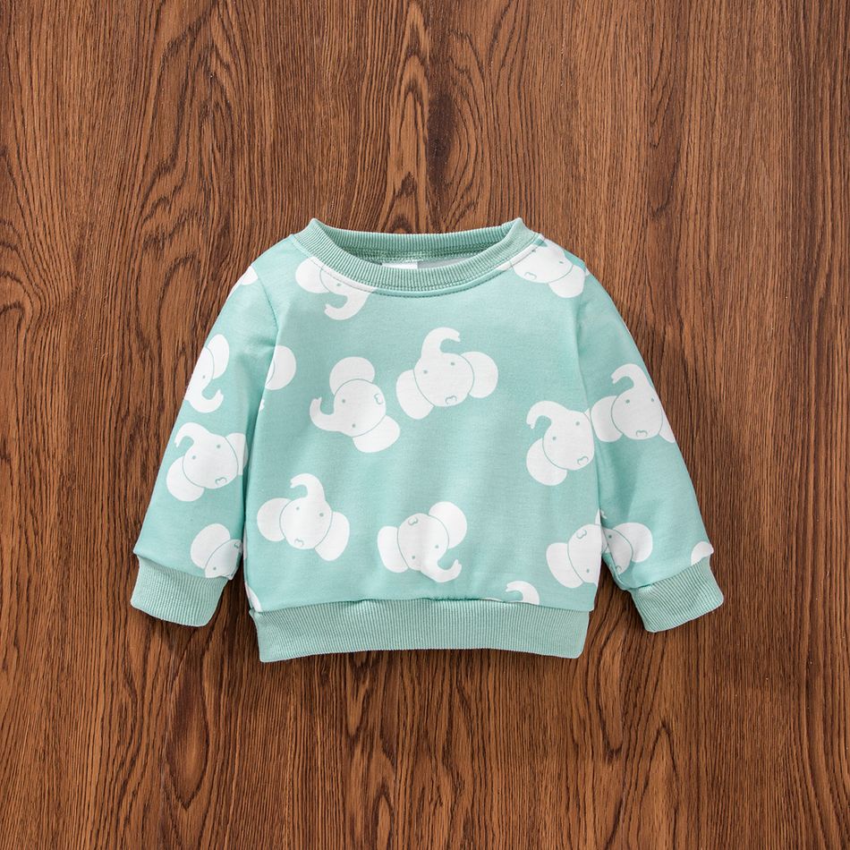 2pcs Baby Boy/Girl Allover Elephant Print Long-sleeve Sweatshirt and Striped Pants Set Green big image 3