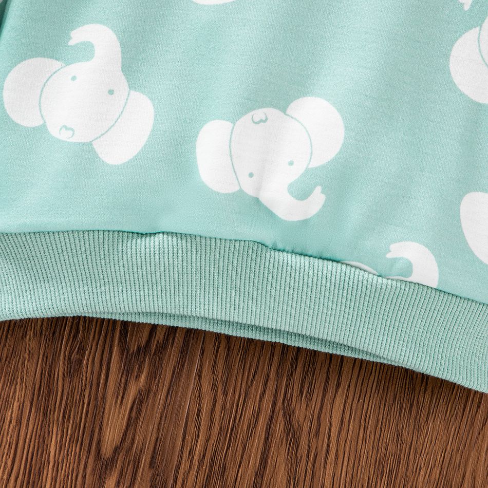 2pcs Baby Boy/Girl Allover Elephant Print Long-sleeve Sweatshirt and Striped Pants Set Green big image 6