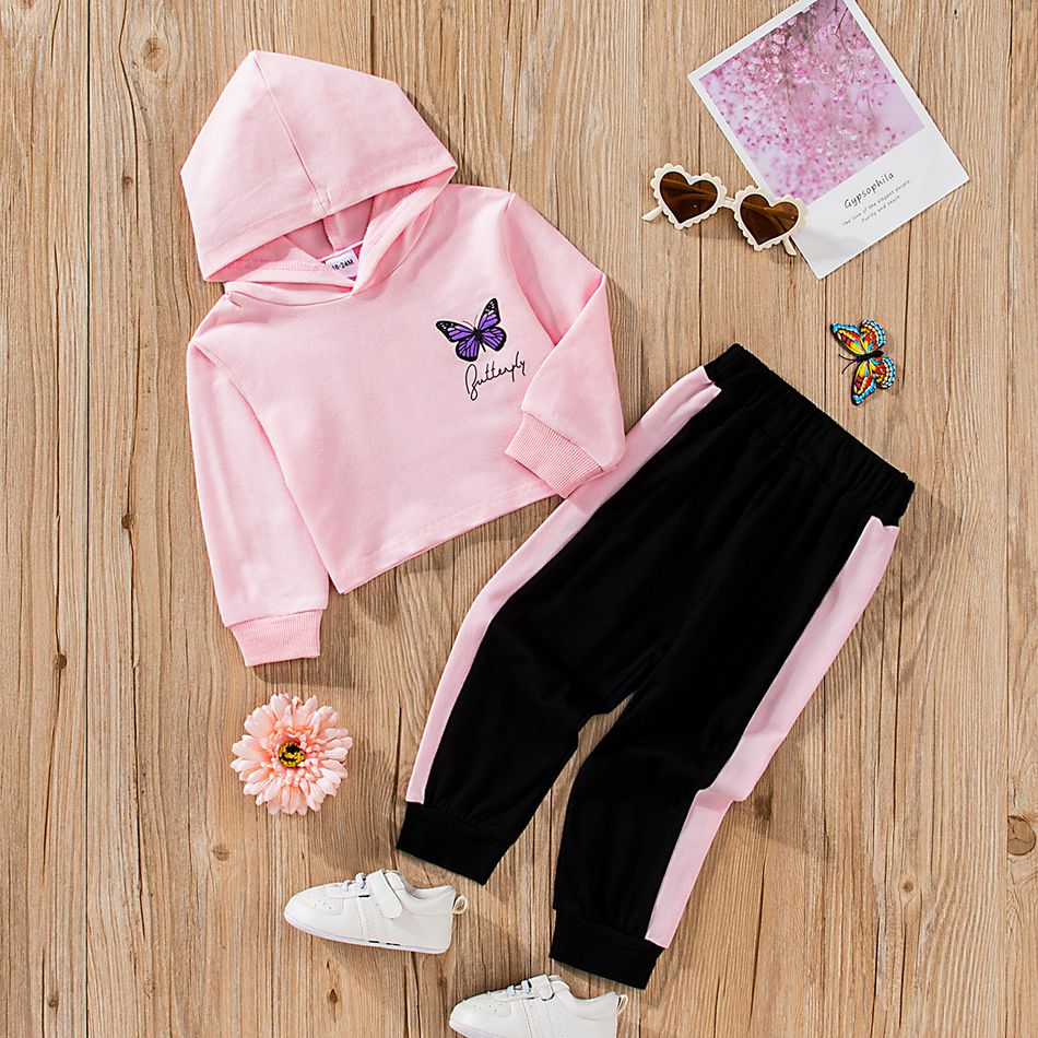 2-piece Toddler Girl Letter Butterfly Print Pink Hoodie and Colorblock Elasticized Pants Set Pink