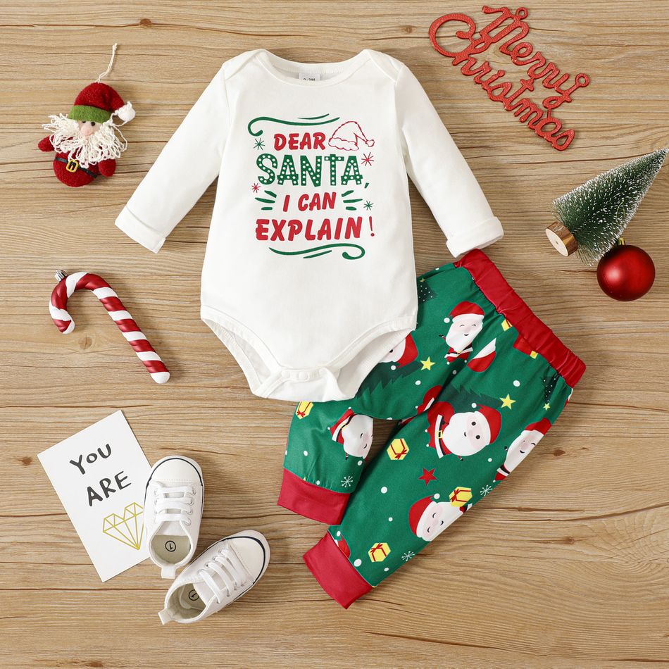 Christmas 2pcs Baby Boy/Girl 95% Cotton Long-sleeve Letter Print Romper and Allover Santa Graphic Pants Set White