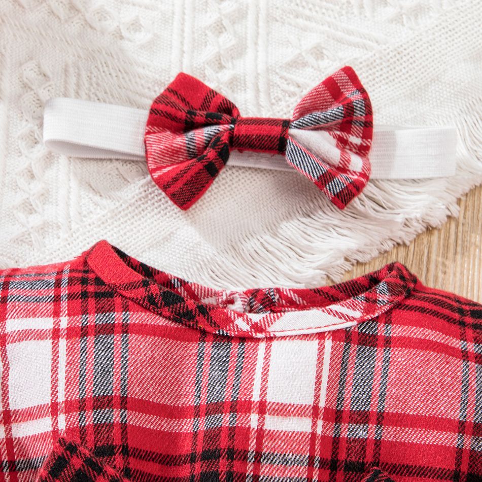 2pcs Baby Girl Red Plaid Ruffle Trim Bow Front Spliced Ribbed Long-sleeve Dress with Headband Set PLAID big image 3