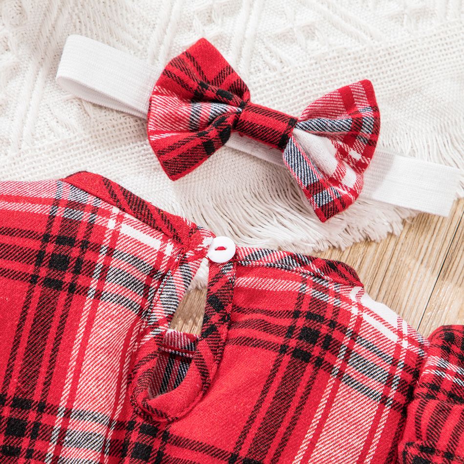 2pcs Baby Girl Red Plaid Ruffle Trim Bow Front Spliced Ribbed Long-sleeve Dress with Headband Set PLAID
