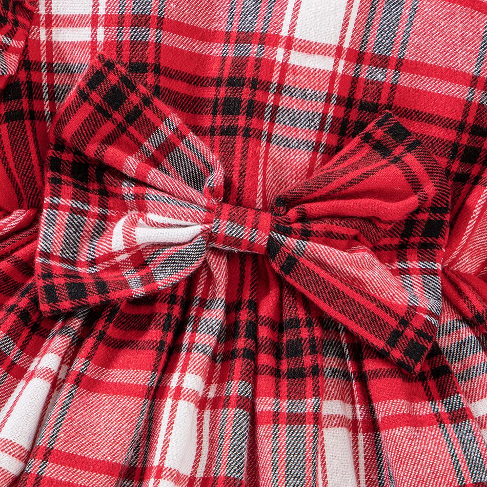2pcs Baby Girl Red Plaid Ruffle Trim Bow Front Spliced Ribbed Long-sleeve Dress with Headband Set PLAID big image 4