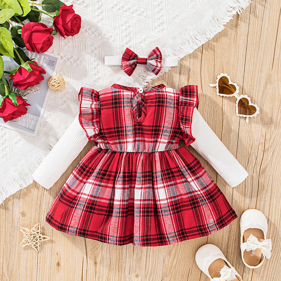 2pcs Baby Girl Red Plaid Ruffle Trim Bow Front Spliced Ribbed Long-sleeve Dress with Headband Set PLAID big image 2