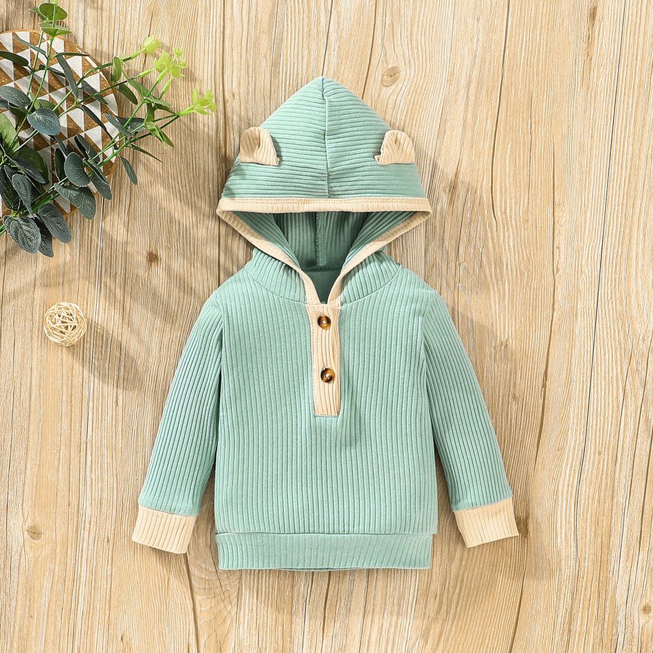 2pcs Baby Boy/Girl 95% Cotton Rib Knit Long-sleeve 3D Ears Hoodie and Pants Set Green big image 3