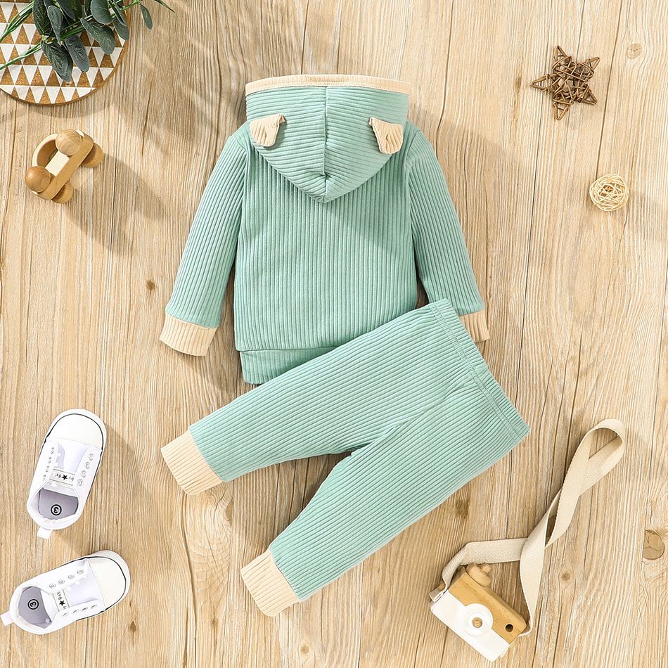 2pcs Baby Boy/Girl 95% Cotton Rib Knit Long-sleeve 3D Ears Hoodie and Pants Set Green big image 2