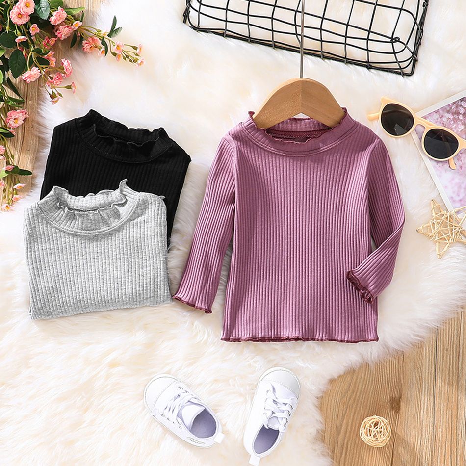 3-Pack Baby Girl 95% Cotton Rib Knit Solid Mock Neck Long-sleeve Tops Set Multi-color big image 2