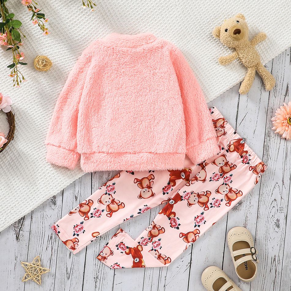 2pcs Toddler Girl Bowknot Design Bear Embroidered Fleece Sweatshirt and Pants Set Pink big image 5