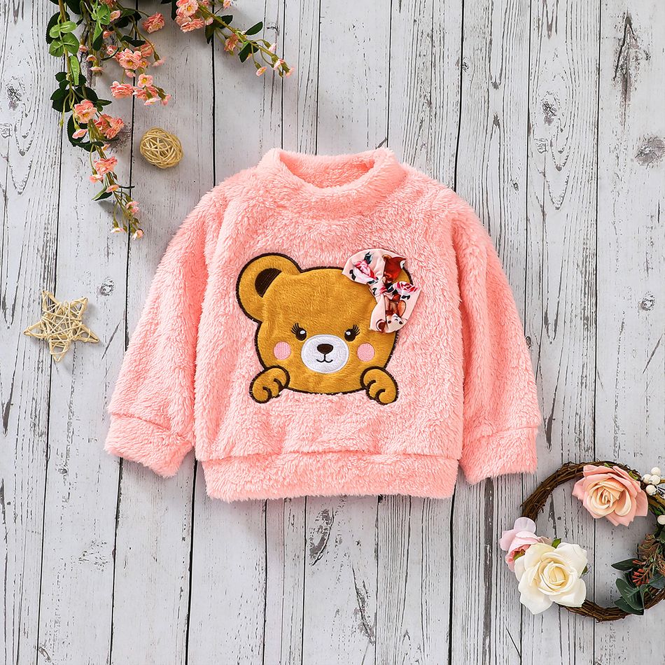 2pcs Toddler Girl Bowknot Design Bear Embroidered Fleece Sweatshirt and Pants Set Pink big image 6