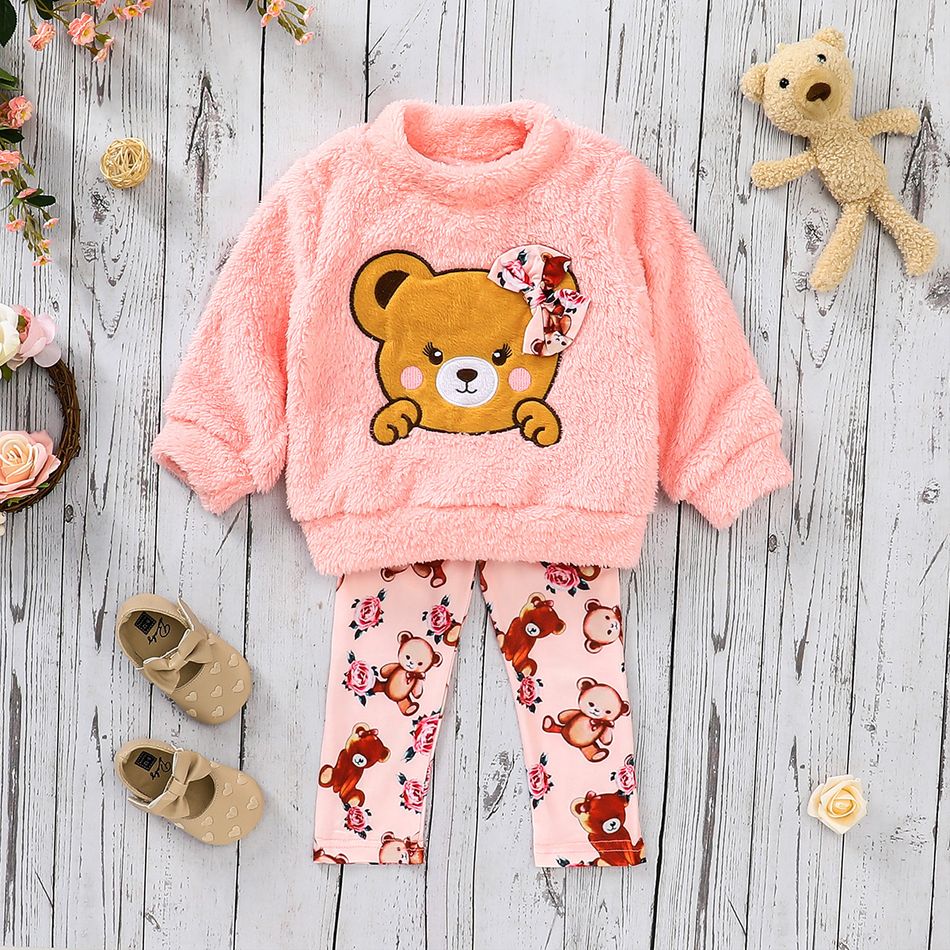 2pcs Toddler Girl Bowknot Design Bear Embroidered Fleece Sweatshirt and Pants Set Pink big image 3