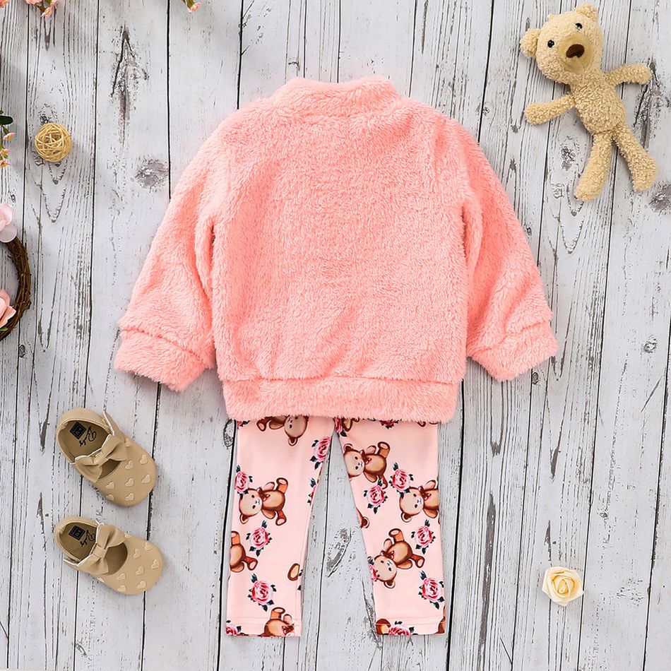 2pcs Toddler Girl Bowknot Design Bear Embroidered Fleece Sweatshirt and Pants Set Pink big image 4