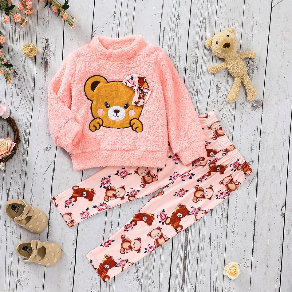 2pcs Toddler Girl Bowknot Design Bear Embroidered Fleece Sweatshirt and Pants Set Pink big image 2