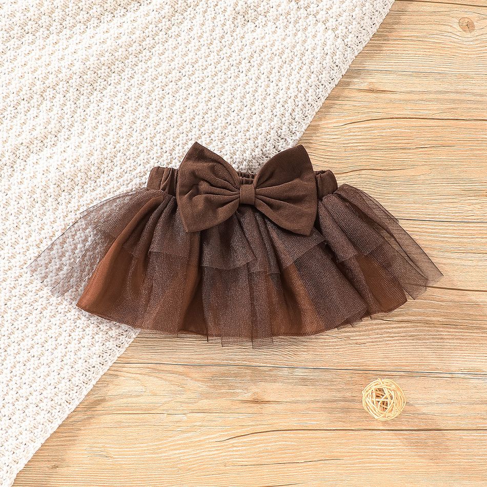 Thanksgiving Day 4pcs Baby Girl Allover Turkey Print Ruffle Long-sleeve Romper and Layered Mesh Skirt with Calf Sleeves & Headband Set Brown big image 8