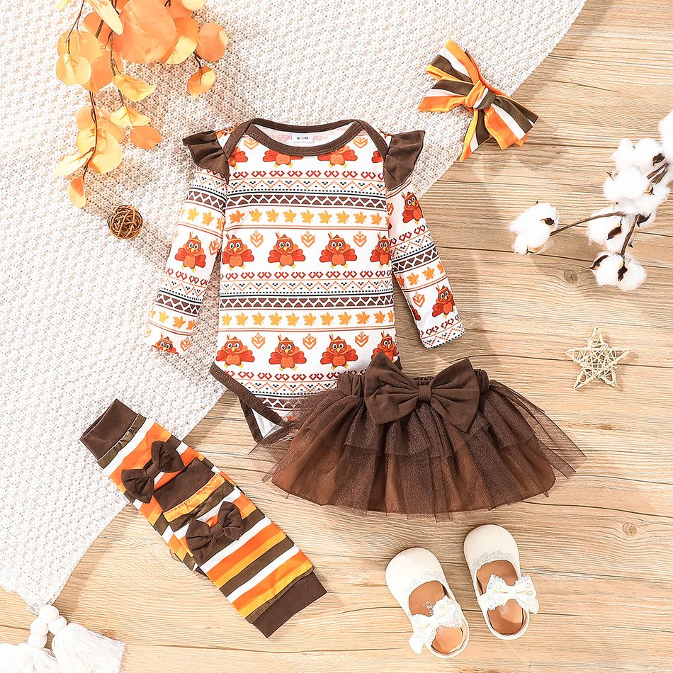Thanksgiving Day 4pcs Baby Girl Allover Turkey Print Ruffle Long-sleeve Romper and Layered Mesh Skirt with Calf Sleeves & Headband Set Brown
